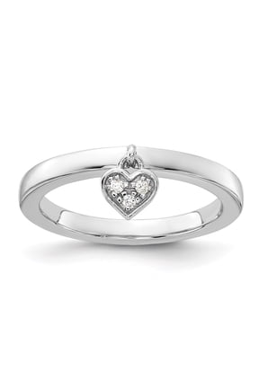 Sterling Silver Rhodium Plated Diamond Heart Dangle Stackable Ring