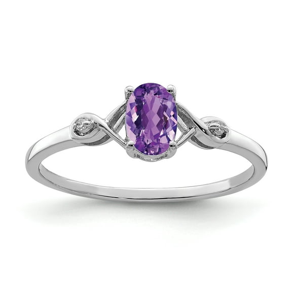 925 Sterling Silver Polished Prong set Rhodium Plated Diamond and Amethyst Oval Ring Size 6 1mm Wide Ring for Women