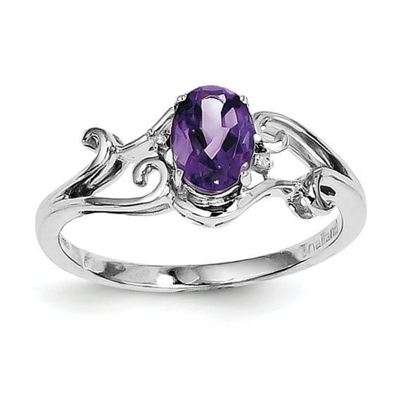 925 Sterling Silver Polished Rhodium Plated Diamond and Amethyst Oval Ring Size 6 2mm Wide Ring for Women