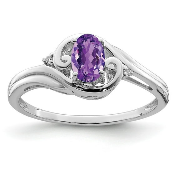 Sterling Silver Rhodium Plated Diamond and Amethyst Ring - Size 7 - Measures 2mm Wide