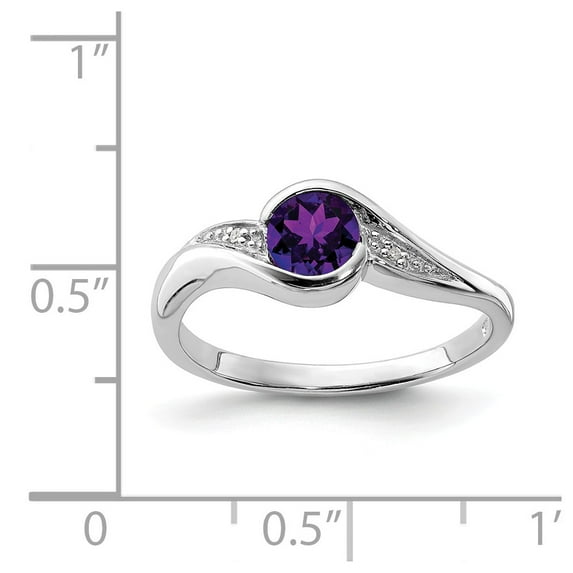 Sterling Silver Rhodium Plated Diamond and Amethyst Round Ring - Size 6