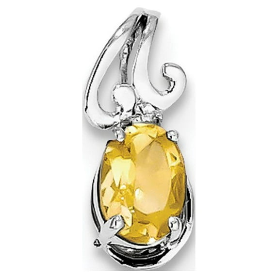 Sterling Silver Rhodium Plated Diamond and Citrine Oval Pendant - Measures 15x7mm Wide