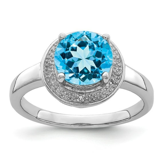 Sterling Silver Rhodium Plated Diamond and Light Swiss Blue Topaz Ring - Size 8 - Measures 2mm Wide