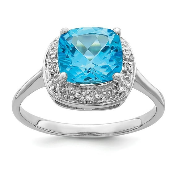 Sterling Silver Rhodium Plated Diamond and Light Swiss Blue Topaz Ring - Size 8 - Measures 2mm Wide