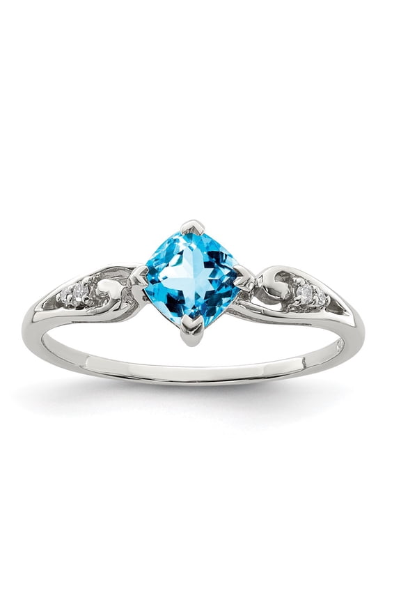 Sterling Silver Rhodium Plated Diamond and Sky Blue Topaz Cushion Ring