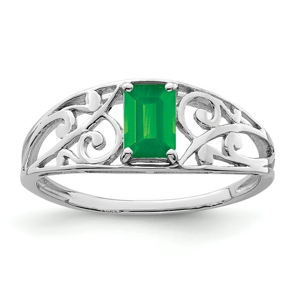 925 Sterling Silver Polished Rhodium Plated Emerald Ring Size 8 2mm Wide Ring for Women - .43 cwt