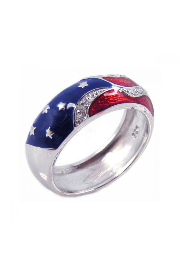 Sterling Silver Rhodium Plated Enamel Old Glory American Flag Ring White CZ Female Size 7