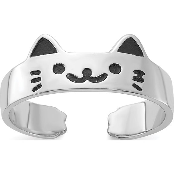 Sterling Silver Rhodium-Plated Enameled Cat Adjustable Ring (Width 1) - Jbsp