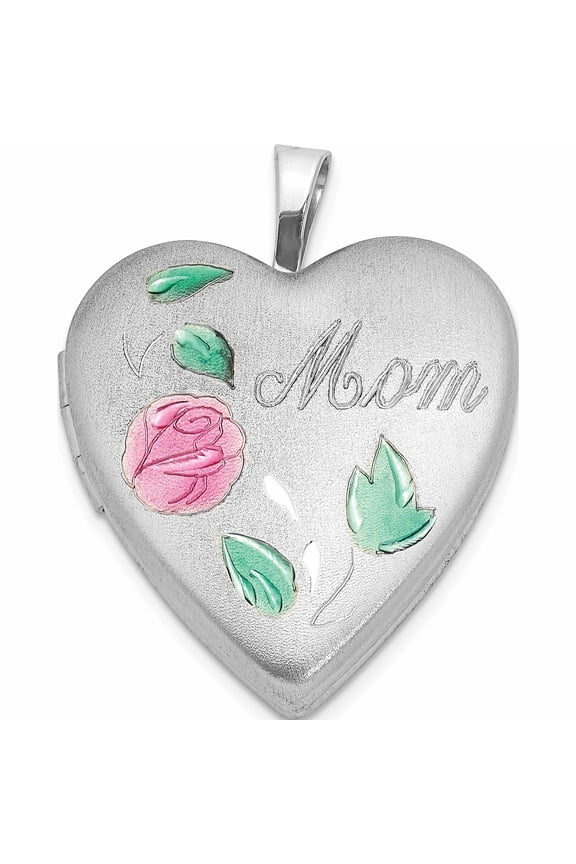 Sterling Silver Rhodium-Plated Enameled Flower With Mom 20mm Heart Locket (24.9 X 19.6) Made In Hong Kong -Jewelry By Sweet Pea