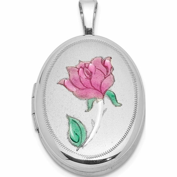 Sterling Silver Rhodium-Plated Enameled Rose 19X15mm Oval Locket (24.5 X 15) Made In Hong Kong -Jewelry By Sweet Pea