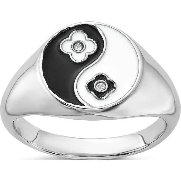 Sterling Silver Rhodium-Plated Enameled Yin Yang Cz Ringsize 6 - Jbsp