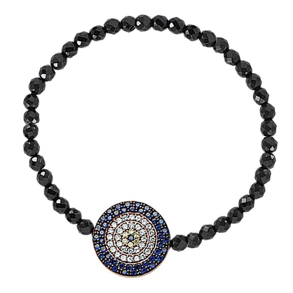 Sterling Silver Rhodium Plated Faceted Black Simulated Onyx Bracelet Round Cubic Zirconia Evil Eye