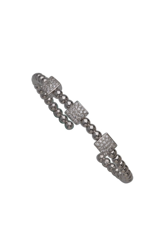 Sterling Silver Rhodium Plated Fancy Bead Cuff Bracelet With 3 Square Cubic Zirconia Stations