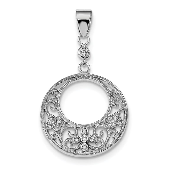 Sterling Silver Rhodium-Plated Fancy Cz Filigree Round Pendant (43 X 25) Made In China qp4969