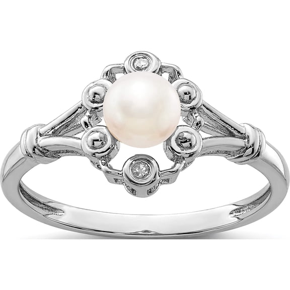 Jewelry by Sweet Pea Sterling Silver Rhodium-plated FW Cultured Pearl & Diam. Ring