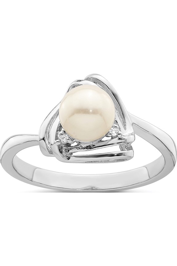 Sterling Silver Rhodium-Plated Fwc Pearl And Cz Triangle Ring (Size 8) Made In Thailand qr7322-8