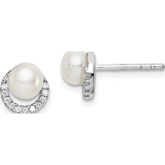 Sterling Silver Rhodium Plated Fwc Pearl Cz Post Earrings (8.21 X 7.6) Made In Thailand qe15056