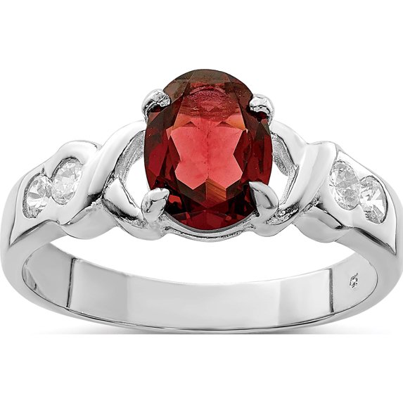 Sterling Silver Rhodium-Plated Garnet & Cz Ring (Size 7) Made In China qr756-7