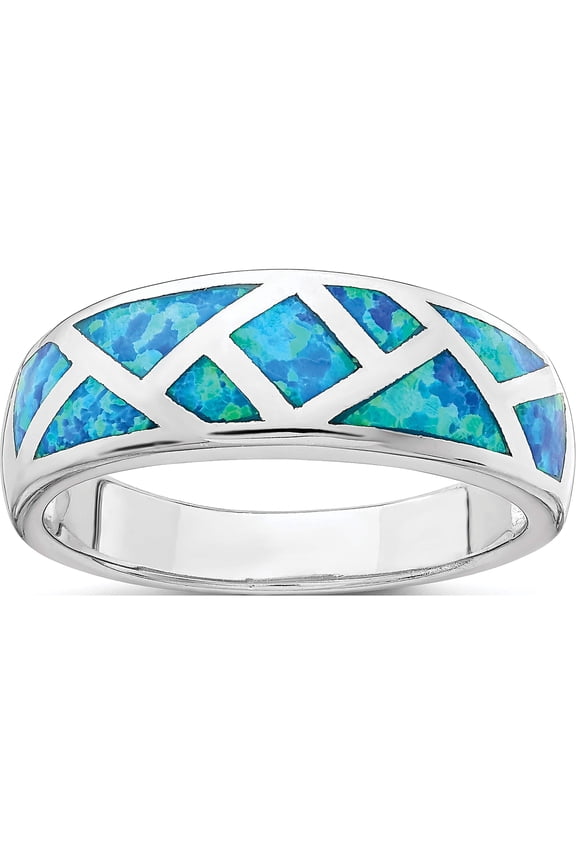 Sterling Silver Rhodium-Plated Geometric Lab Created Blue Opal Ring (Size 8) Made In China qr6995-8