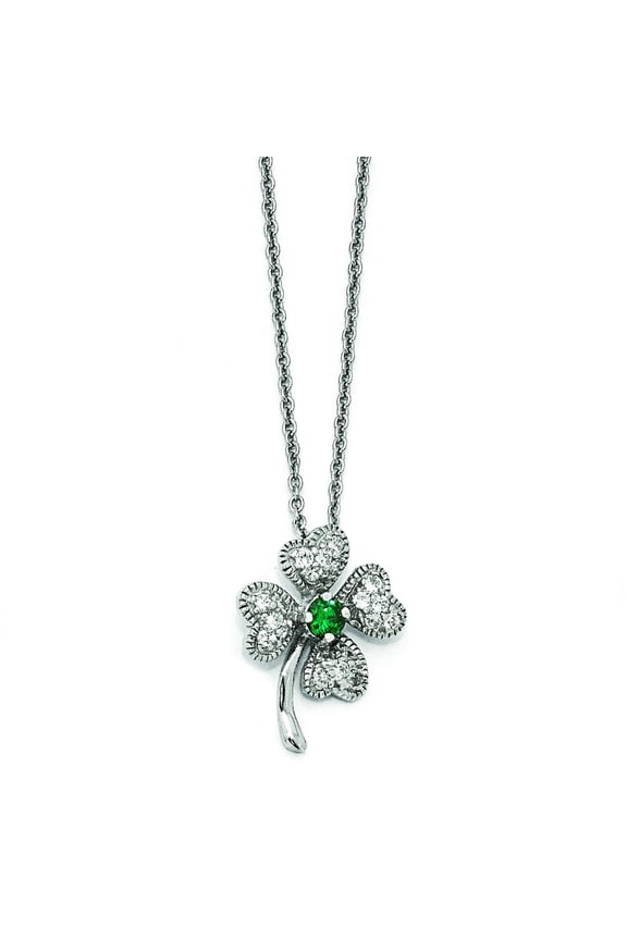 Sterling Silver Rhodium Plated Glass CZ 4 Leaf Clover Pendant