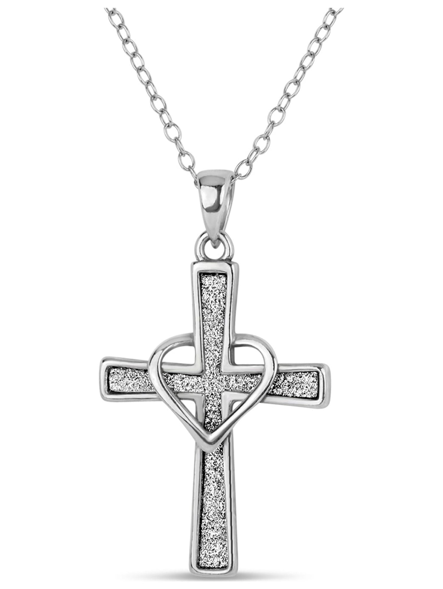 Sterling Silver Rhodium Plated Glitter Cross With Heart Pendant Necklace, 18"