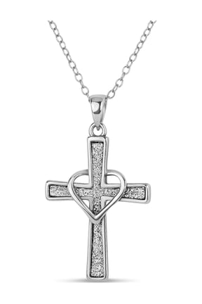 Sterling Silver Rhodium Plated Glitter Cross With Heart Pendant Necklace, 18"