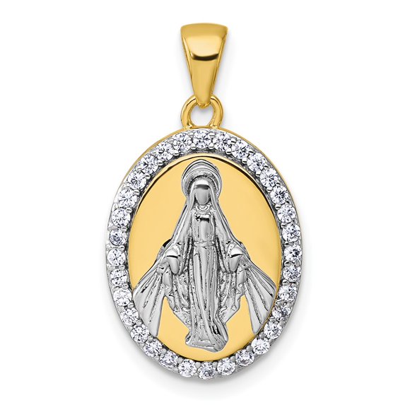 Sterling Silver Rhodium-Plated Gold-Tone Cz Miraculous Medal Pendant