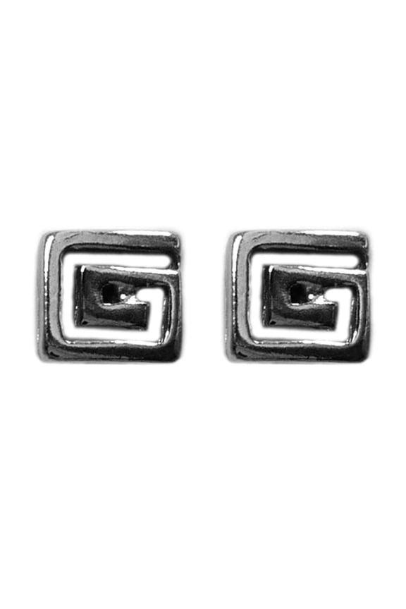 Sterling Silver Rhodium Plated Greek Meandros Key Stud Earrings, 7 x 7mm
