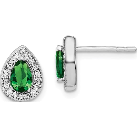 Sterling Silver Rhodium Plated Green And Clear Cz Post Earrings (10.25 X 7.8) Made In Thailand qe14472may