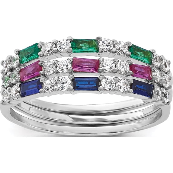 Sterling Silver Rhodium-Plated Green, Red And Blue Cz 3 Ring Setsize 6 - Jbsp