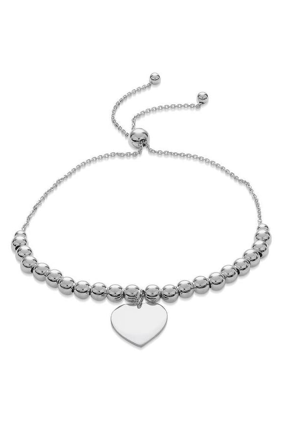 Sterling Silver Rhodium Plated Heart Disc Bead Bolo Bracelet 9 Inches
