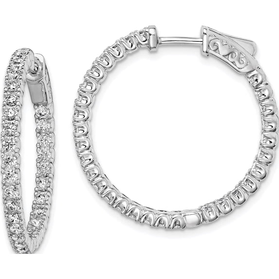 Sterling Silver Rhodium-Plated In And Out Cz Round Hinged Hoop Earrings (26 X 28) Made Indonesia qe7950
