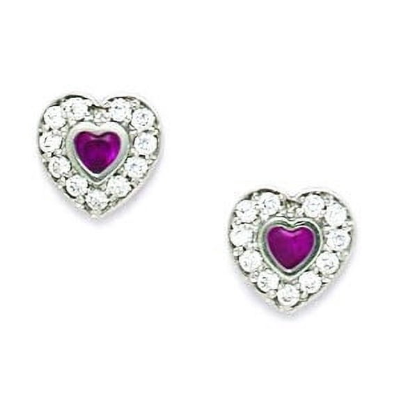 Sterling Silver Rhodium Plated July Red 3x3mm CZ Heart Screw-Back Earrings - Measures 8x8mm