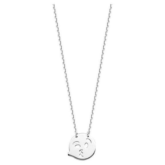 Sterling Silver Rhodium Plated Kiss Blowing Winking Smiley Face Adjustable Necklace - 18 Inch