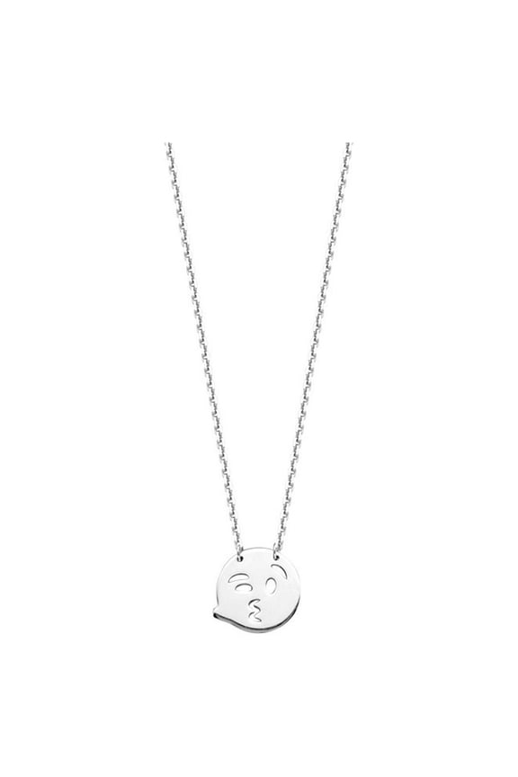 Sterling Silver Rhodium Plated Kiss Blowing Winking Smiley Face Adjustable Necklace - 18 Inch