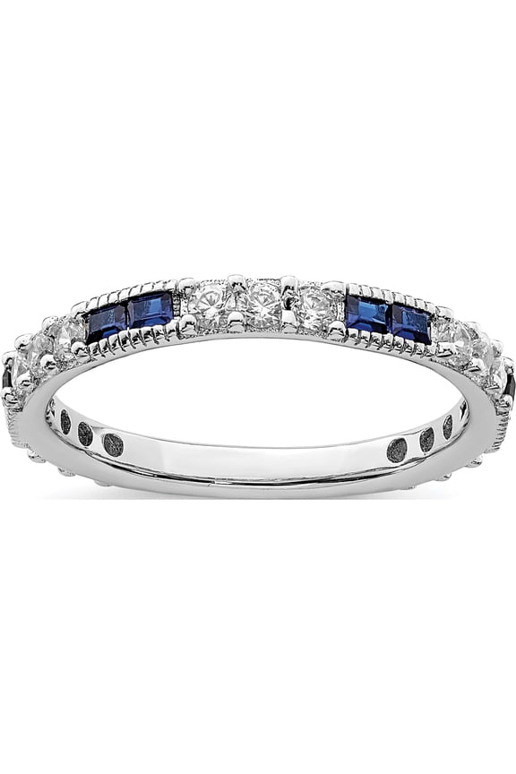 Sterling Silver Rhodium-Plated Lab Cr Blue Spinel & Cz Ring (Size 7) Made In China qr7024-7