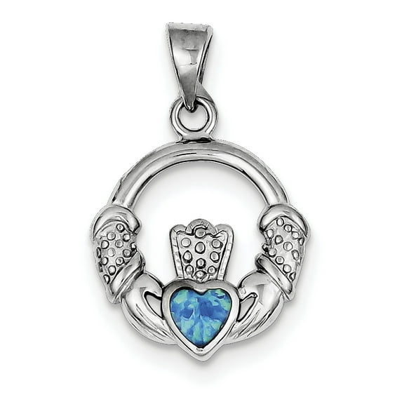 Sterling Silver Rhodium-Plated Lab Created Blue Opal Inlay Claddagh Pendant (29 X 19) Made In China qc7623