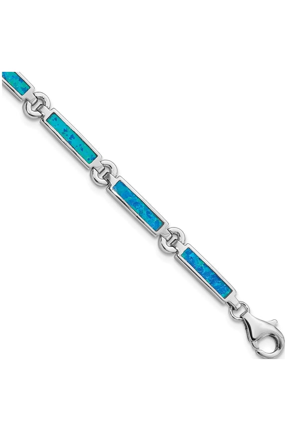 Sterling Silver Rhodium-Plated Lab Created Opal Bars Bracelet (7.25 X 5.39) Made In China qx971cp