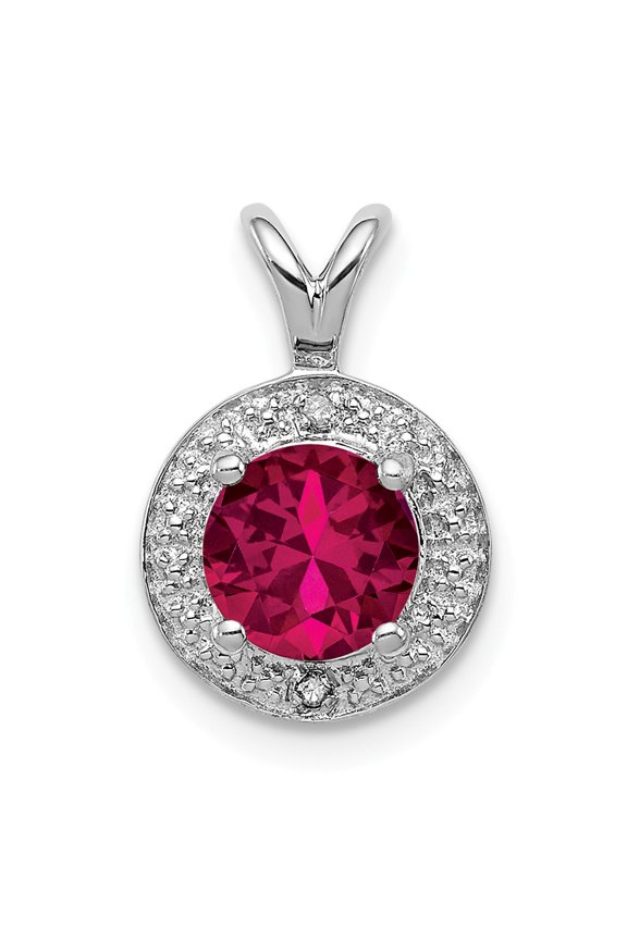 Sterling Silver Rhodium Plated Lab Created Ruby and .010 ctw Diamond Halo Pendant Charm