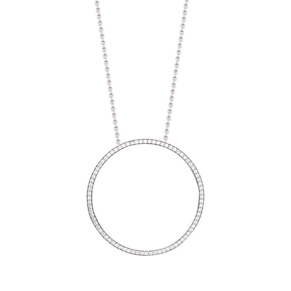 Sterling Silver Rhodium Plated Large Cubic Zirconia Open Circle Necklace - 18 Inch