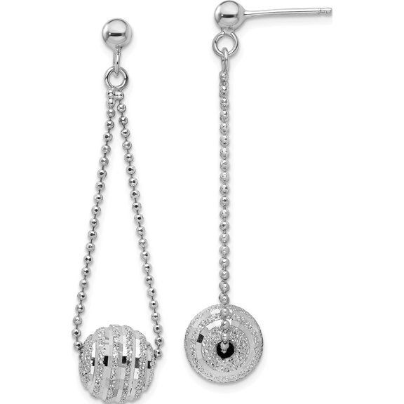 Sterling Silver Rhodium-Plated Lasered Bead Chain Dangle Post Earrings Made In Italy qe15644