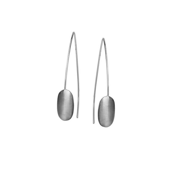Sterling Silver Rhodium Plated Long Wire Puffed Oval Element Earrings - 4.4 Grams