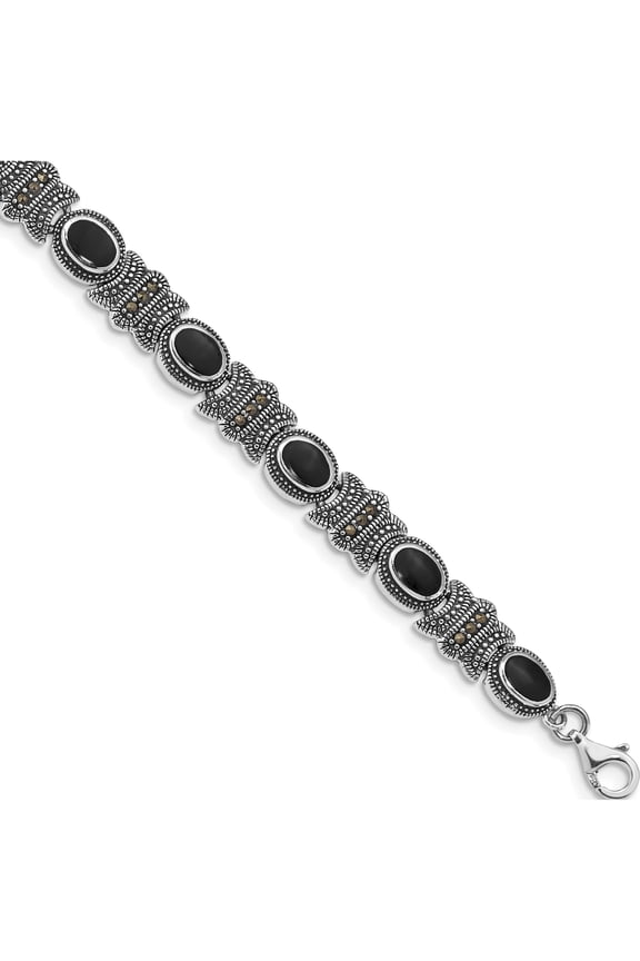 Sterling Silver Rhodium-Plated Marcasite And Onyx 7.25 Inch Bracelet Made In Thailand qh1043-7.25