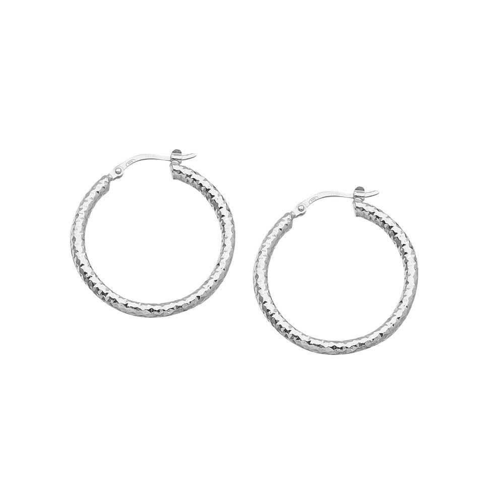 Sterling Silver Rhodium Plated Medium Sparkle-Cut Euro Hoop Earrings - 4.0 Grams