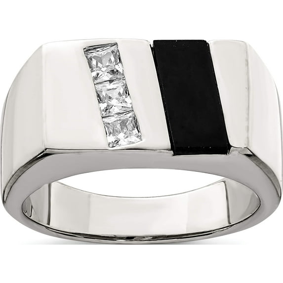 Sterling Silver Rhodium-Plated Men's Cz And Onyx Ring (Size 11) Made In China qr2461-11