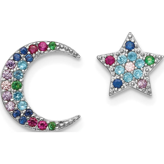 Sterling Silver Rhodium-Plated Moon And Star Colorful Cz Post Earrings (11.41 X 10.04) Made In China qe14449