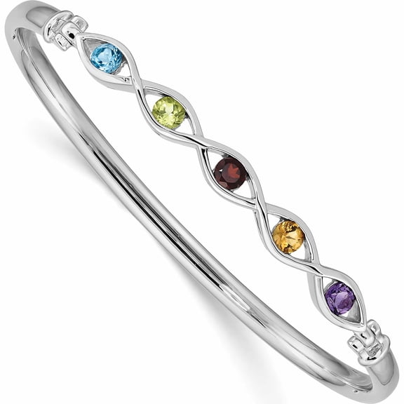 Sterling Silver Rhodium-Plated Multi-Gemstone Hinged Bangle (Size 9.65) Made In Thailand -Jewelry By Sweet Pea