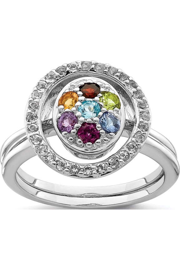Sterling Silver Rhodium-plated Multi-gemstone w/Halo 2 Ring Set