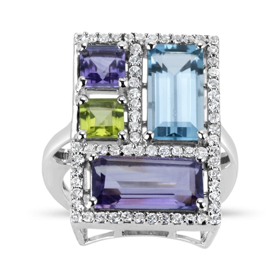Sterling Silver Rhodium Plated Multi Gemstones Ring