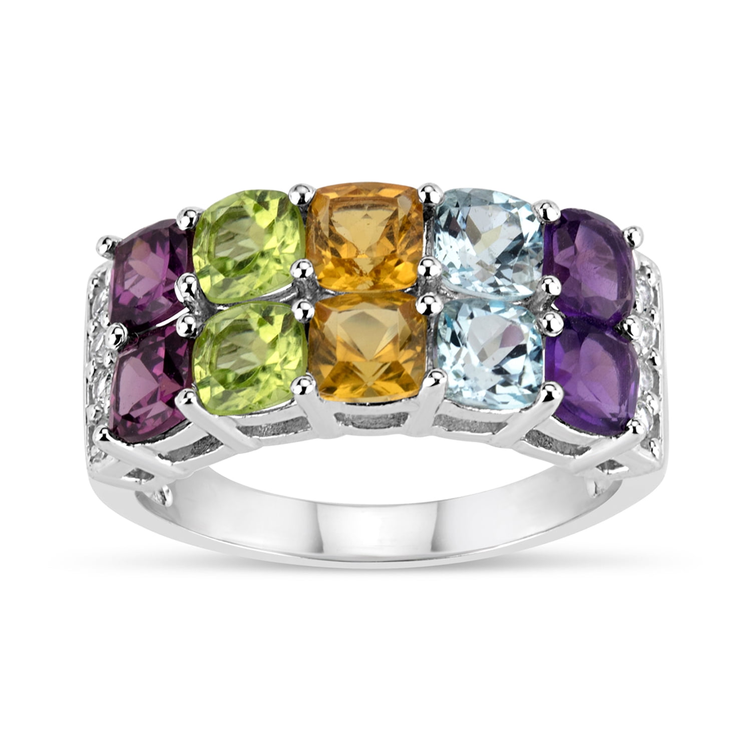 Sterling Silver Rhodium Plated Muti-Gemstone and White Topaz Double Row Ring